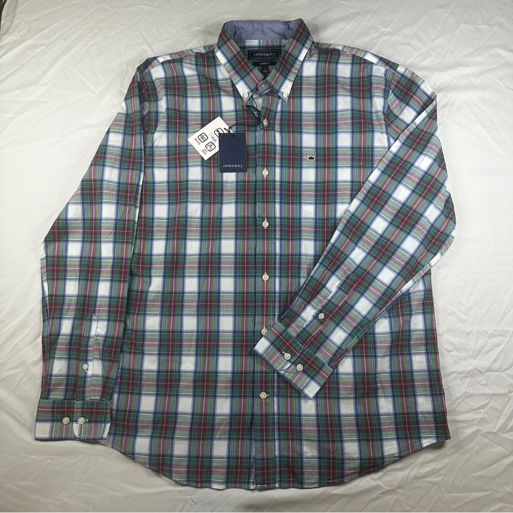 Crown & Ivy BNWT Men’s Green Plaid Classic Fit Button Down Size L - 262